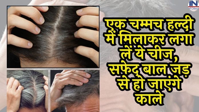 White hair will turn black from the roots: Mix one spoon turmeric in it and apply this, white hair will turn black from the roots.