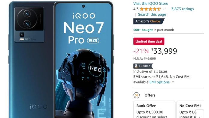 iQOO Neo 7 Pro 5G, 42,999 रूपये वाला तगड़ा फोन खरीदें मात्र 33,999 रूपये में